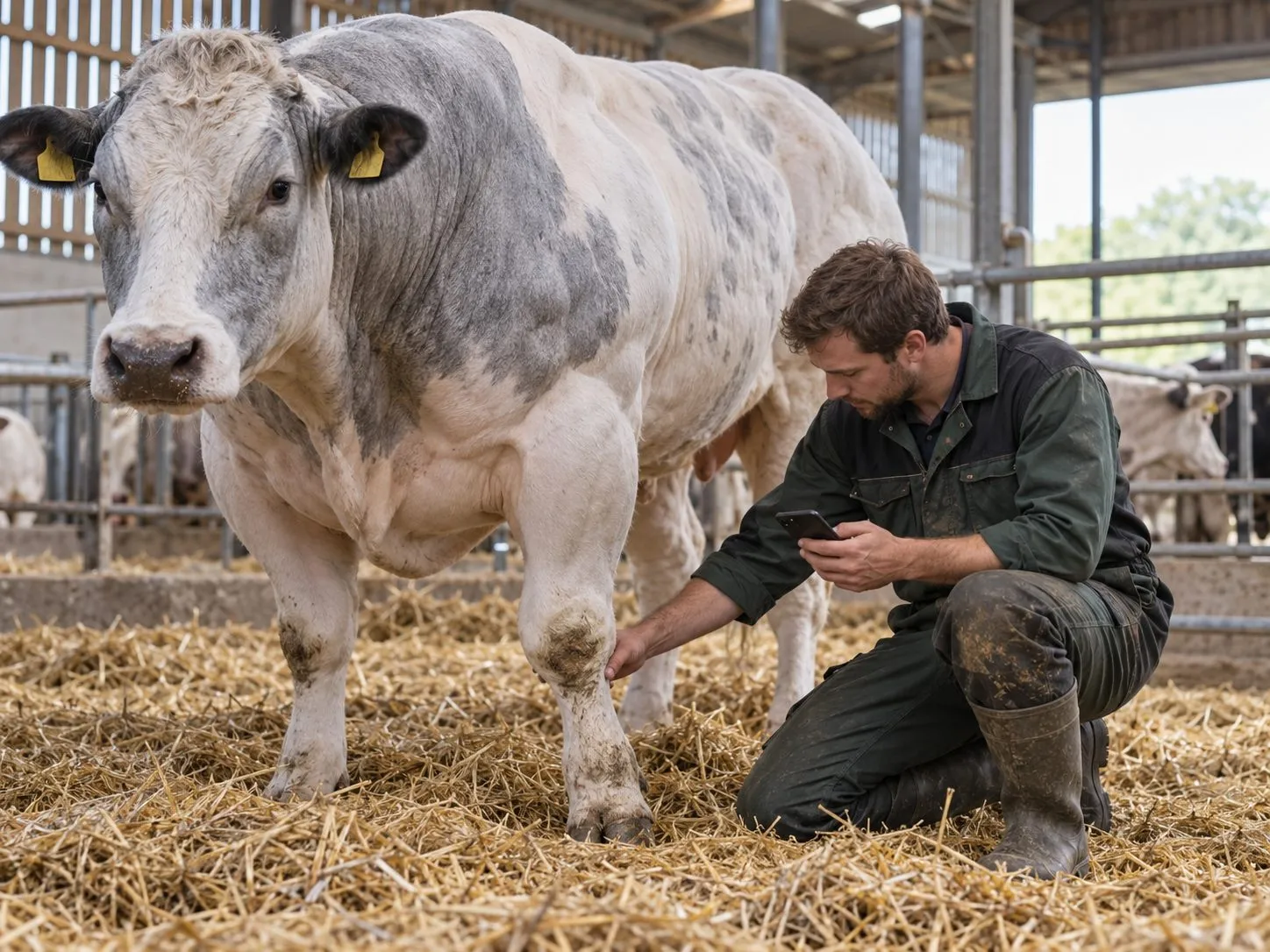 Éleveur examinant la patte d'une vache Blanc-Bleu Belge dans l'étable, smartphone à la main
